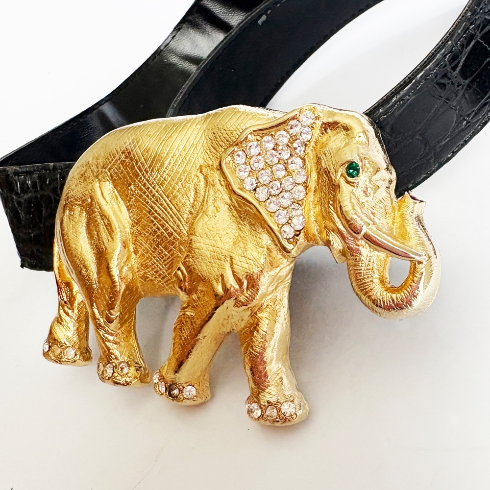 Elephant Belt Buckle with Rhinestones Vintage Retro 1980s with Croc Stamp Strap - Picture 7 of 12